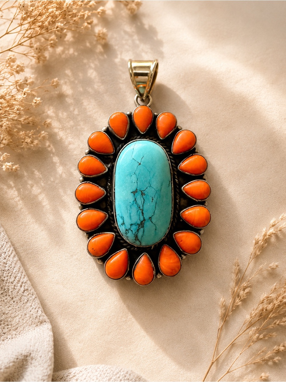 Turquoise and Coral Teardrop Silver Pendant - Blue and Orange Statement Necklace